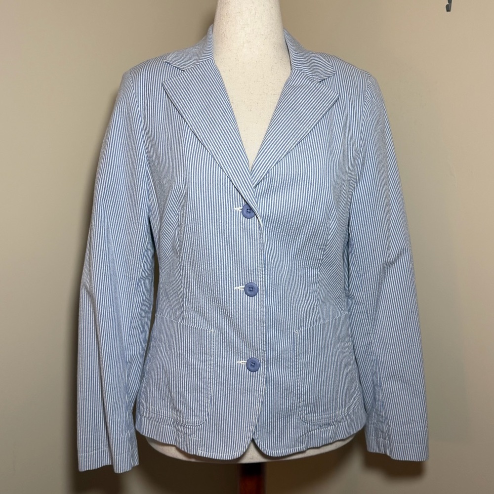 L.L. Bean Blazer Jacket Sz 10 Blue White Striped Seersucker Lined Cotton Stretch
